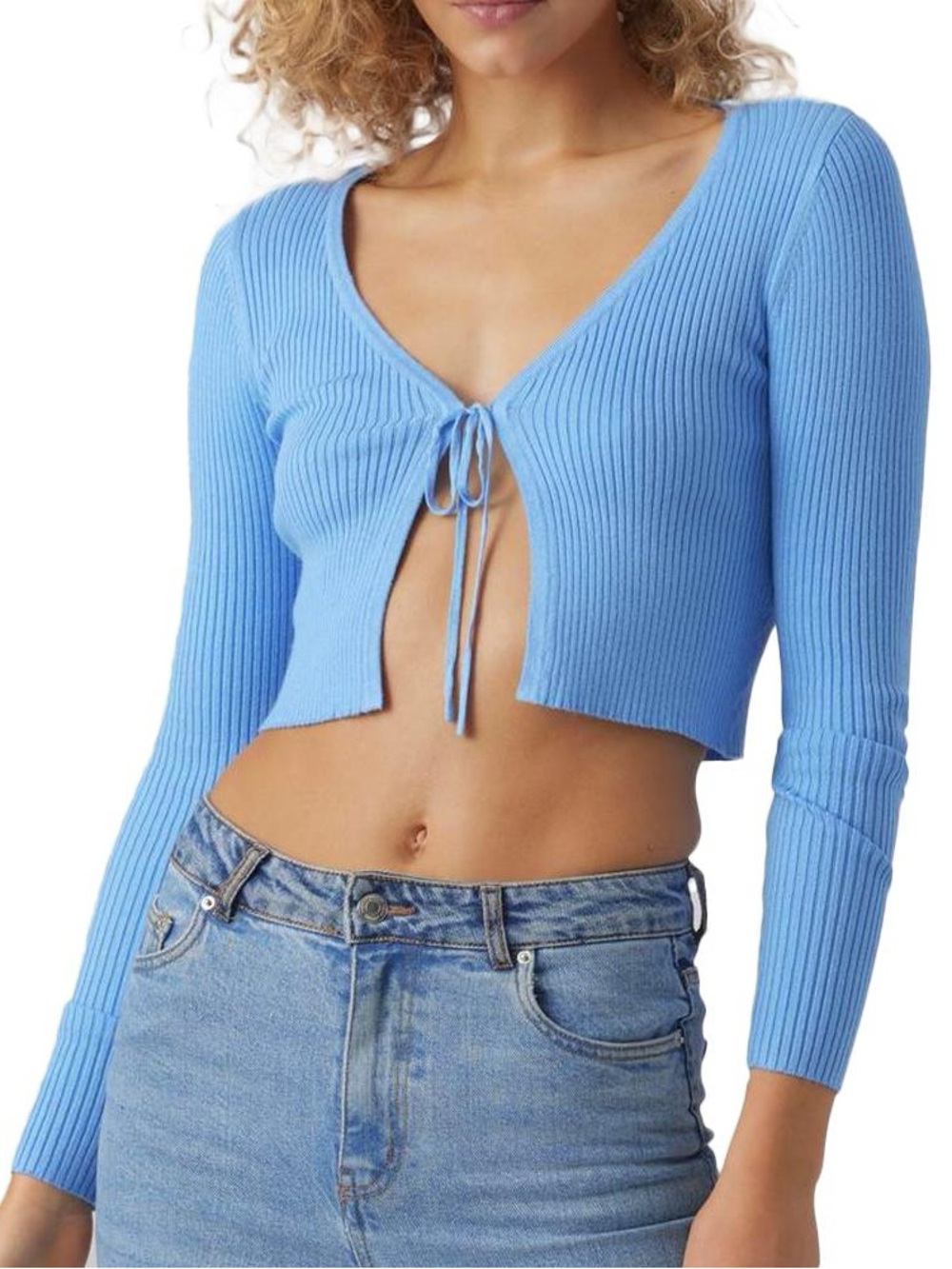 Beginning Boutique Light Blue Ribbed Tie-Front Crop Top